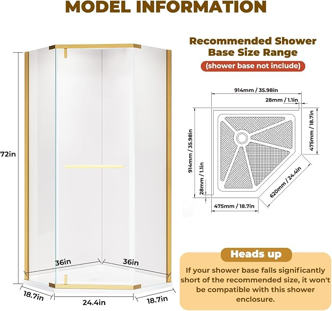 36" D x 36" W x 72" H Neo-Angle Shower Door, Corner Shower Enclosure - Image 8