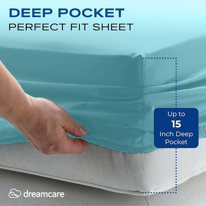 DREAMCARE Full Size Sheets Set - 4 Pcs Cooling Bed Sheets with Up to 15" Deep Pockets - Soft, Long-Lasting 100% Brushed Polyester with Side Pocket (Spa Blue)