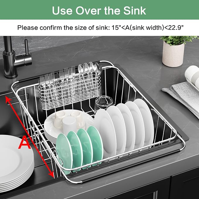 Large Dish Drainer Rack in Sink Adjustable, Expandable 304 Stainless Steel - Image 3