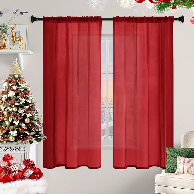 Sheer Curtains 72 Inches Long 2 Panels, Rod Pocket Short Curtain for Kitchen, Bedroom, Cafe Window(Christmas Red 38" W x 72" L)