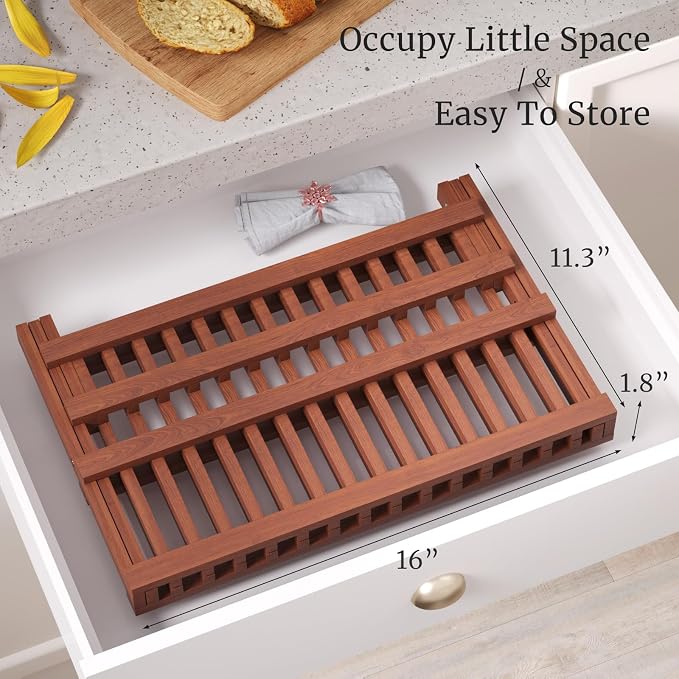 Teak Dish Drying Rack, Folding Collapsible Drainer Plate Organizer Holder - Image 5