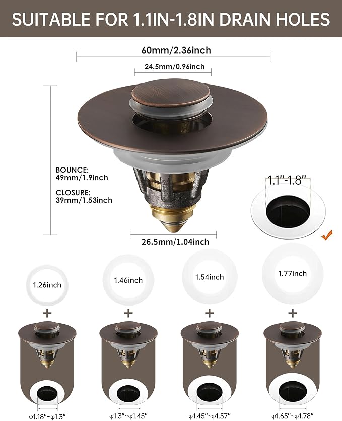 Fransiton 2 Pack Bathroom Sink Stopper, 1.1-1.77 Inch Basin Pop Up Sink Drain - Image 4
