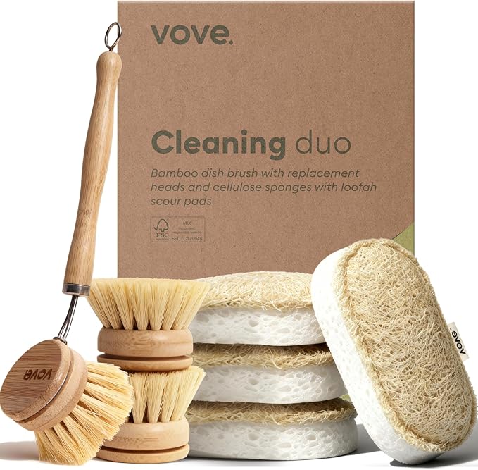 Vove Cleaning Duo, Bamboo Dish Brush Set and Natural Dish Sponges, by Vove