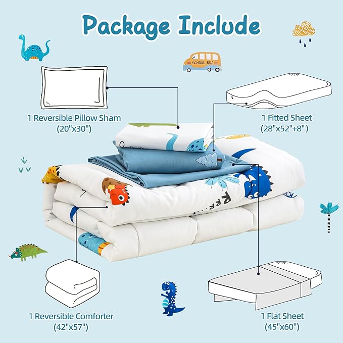 DJY Cotton Toddler Bedding Set for Boys Girls, 4 Pieces Dinosaur Toddler Bed Comforter Set, Includes Quilted Comforter, Flat Sheet, Fitted Sheet and Pillowcase