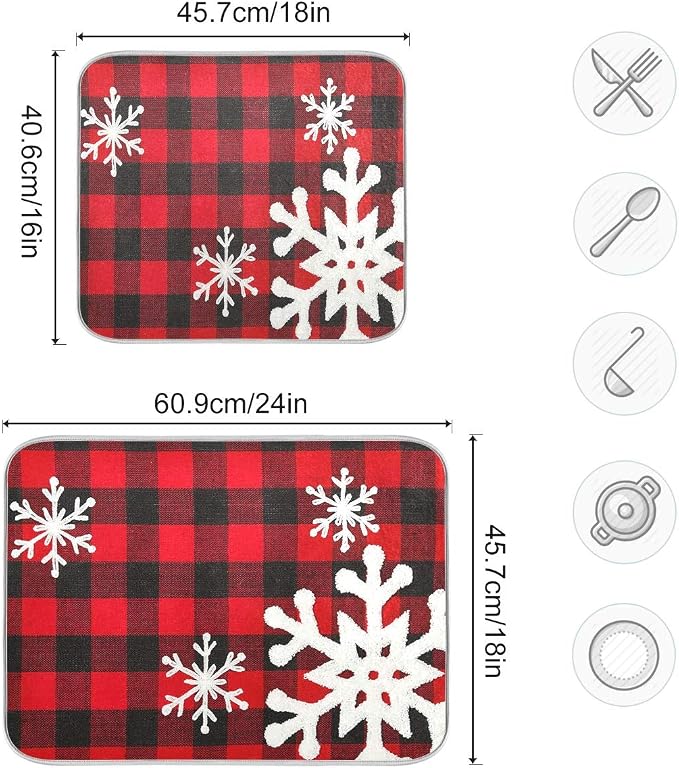 Christmas Red Plaid Snow Snowflake Dish Drying Mat 18x24 inch Red Black Lattice - Image 3