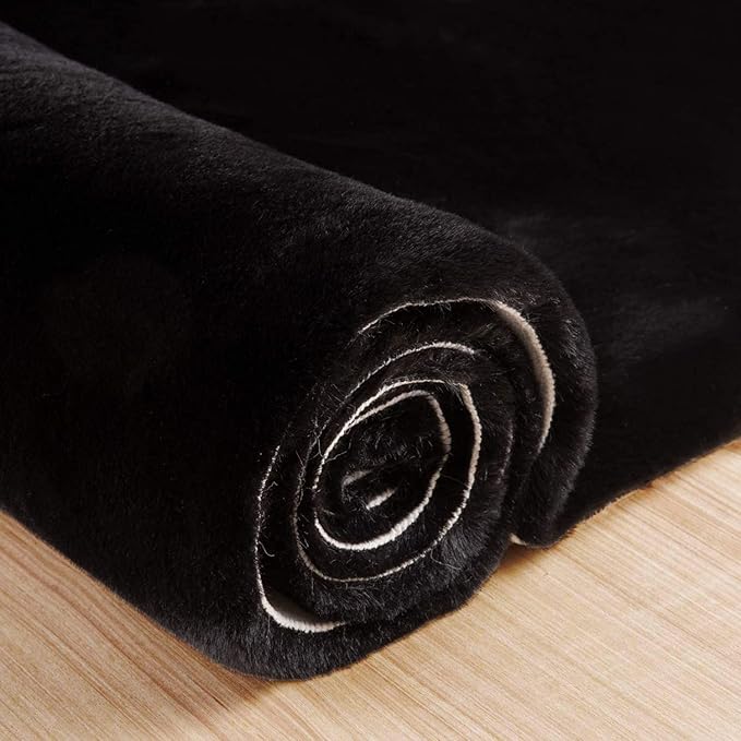 Black Faux Rabbit Washable Fur Area Rugs for Bedroom Small Fluffy 2x4 Fur Rug Chair Cushion Living Room Décor