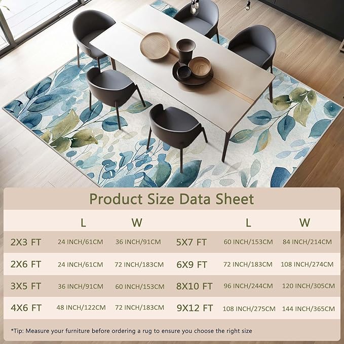 2x3 Botanical Leaf Entryway Area Rug Blue White Leaves Bathroom Rug Non Slip Machine Washable Low Pile Small Carpet Kitchen Bedroom Door Mat Entrance
