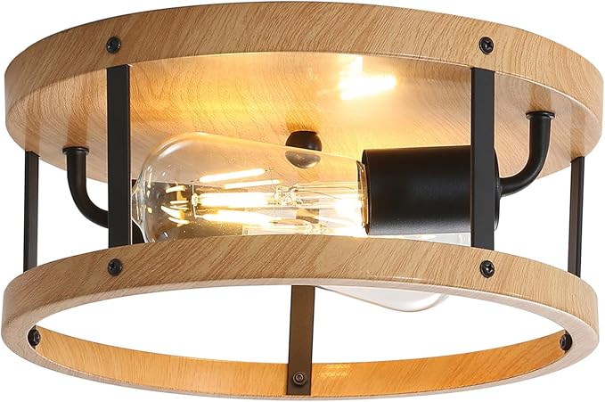 2-Light Industrial Flush Mount Ceiling Light Fixture, Wood Finish Farmhouse by Sewterolyn