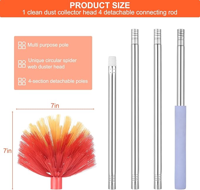 Cobweb Duster with Extension Pole, Washable Duster with Medium-Stiff Bristles - Image 4