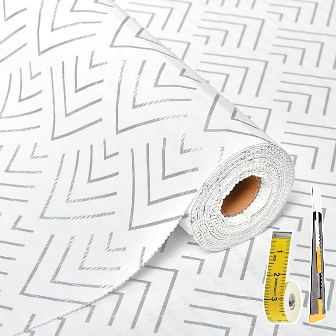 Shelf Liner for Kitchen Cabinets Non Adhesive Drawer Liner Non-Slip Thickened Shelf Liner Paper Strong Easy to Clean for Tool Box Refrigerator with Knife and Tape Measure,Silver Arrow,11.8 x 354.3 in