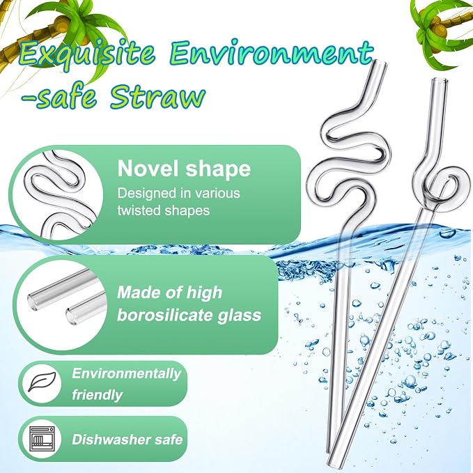 Yinkin 6 Pcs Wavy Glass Straw Reusable Curved Silly Glass Straws Shatter - Image 3