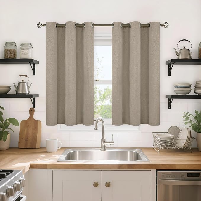 YoungsTex Burlap Taupe Linen Blackout Kitchen Curtains 40 Inch Length, Short by YoungsTex