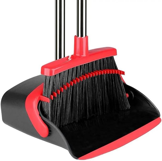 Standing Broom and Dustpan Set, Built-in Scraper Teeth, No-Slip Grip, Dust by KARMNEEV