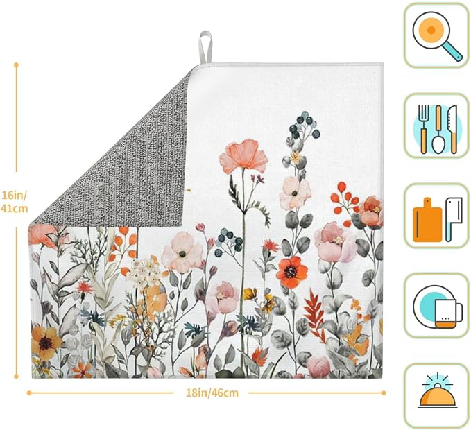 Colorful Wildflowers Dish Drying Mat 16x18 inches Microfiber Absorbent Fast Dry - Image 2