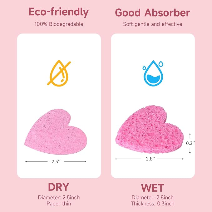 100 Count Compressed Pink Heart Facial Sponges 100% Natural Cellulose - Image 5