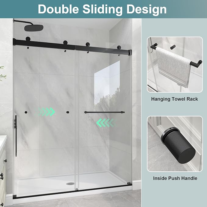 KPUY Frameless Shower Door, 43-48" W x 76" H Double Sliding Glass Shower Door - Image 5
