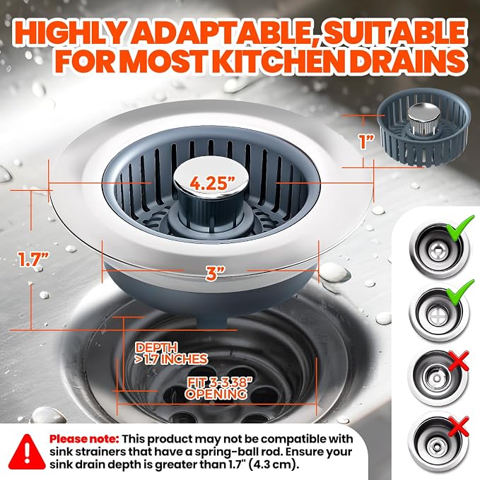 Kitchen Sink Drain Strainer & Sink Stopper, Upgraded 3 in 1 Stainless Steel - Image 5