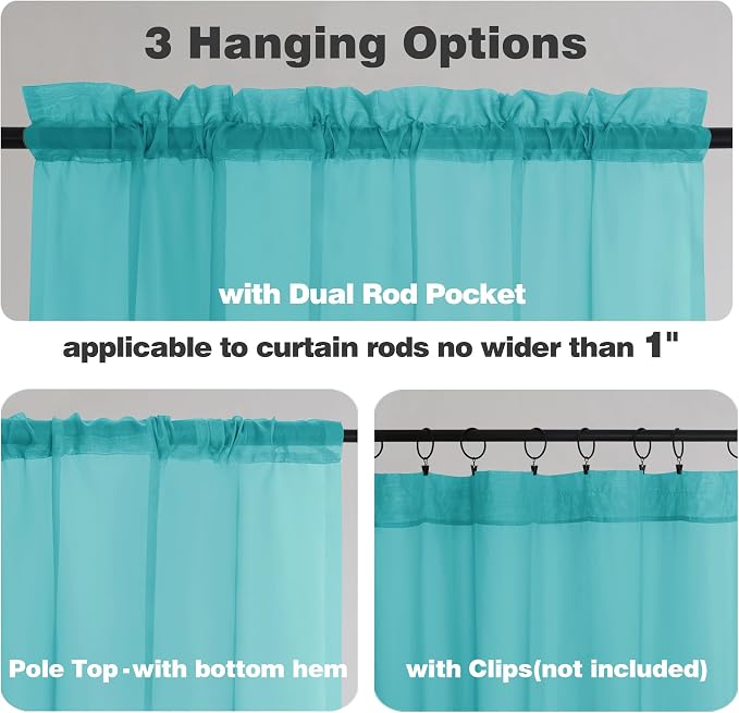 Chyhomenyc Turquoise Sheer Curtains 45 Inch Long 2 Panels, Light Filtering Rod - Image 3