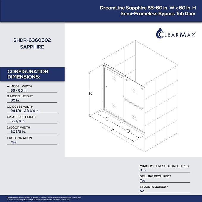DreamLine Sapphire 56-60 inch W x 60 inch H Semi-Frameless Bypass Tub Door in - Image 9
