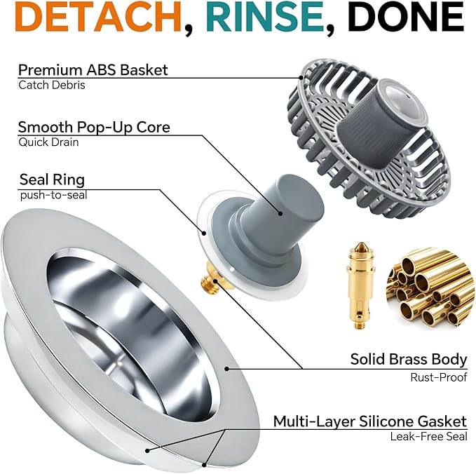 Solid Brass Body 3-in-1 Kitchen Sink Drain Strainer & Stopper, Heavy Duty Pop - Image 5