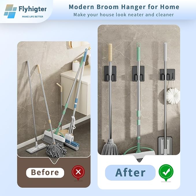 5 Pack Heavy Duty Mop and Broom Holder Wall Mount, No Drill Self Adhesive - Image 2