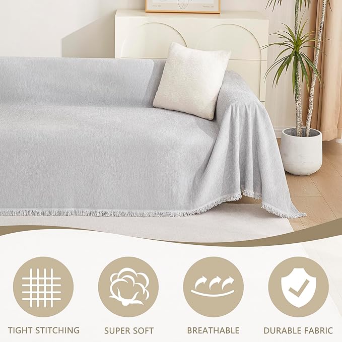 MYSKY HOME Light Gery Chenille Sofa Cover for Dogs Cats Tassel Edge Couch Cover Furniture Protectors for Pets Universal Couch Cover Thick Durable Sectional Couch Covers for 3 Cushion Couch, 91"x 134"