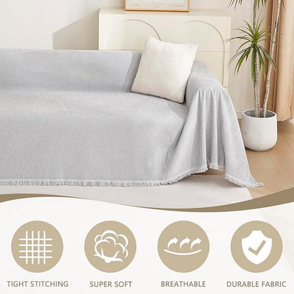 MYSKY HOME Light Gery Chenille Sofa Cover for Dogs Cats Tassel Edge Couch Cover Furniture Protectors for Pets Universal Couch Cover Thick Durable Sectional Couch Covers for 3 Cushion Couch, 91"x 134"