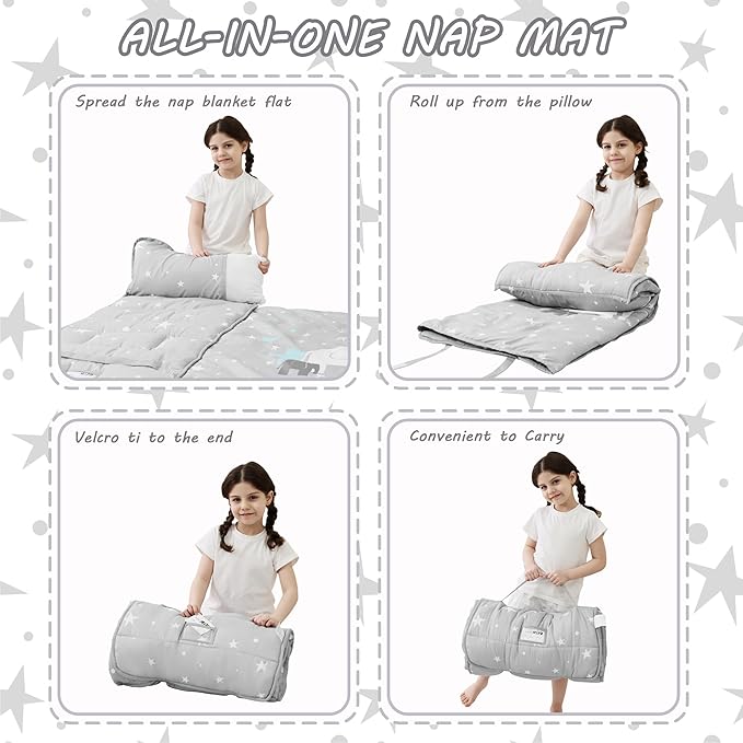 Toddler Nap Mat with Pillow and Blanket, Extra Large Rolled Napping Mats,Slumber Bags for Boys Girls,Kids Sleeping Bag for Daycare, Preschool Travel Camping