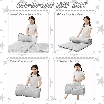 Toddler Nap Mat with Pillow and Blanket, Extra Large Rolled Napping Mats,Slumber Bags for Boys Girls,Kids Sleeping Bag for Daycare, Preschool Travel Camping