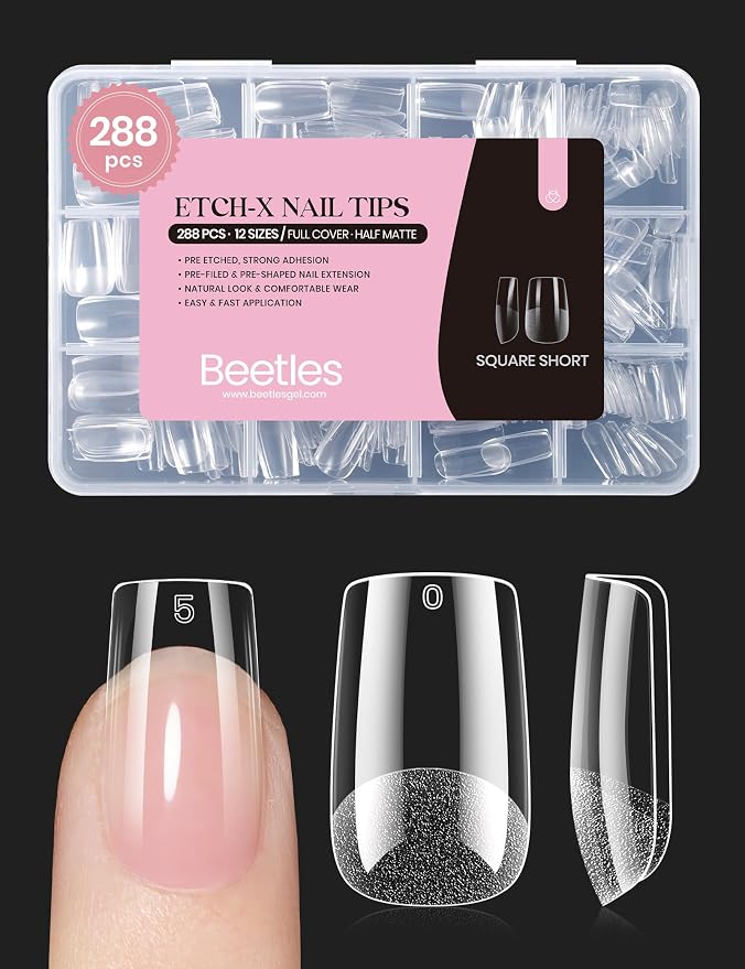 Beetles Gel Nail Tips Etch-X, Square Short, Pre-Etched Half Matte Full Cover by beetlesGelPolish