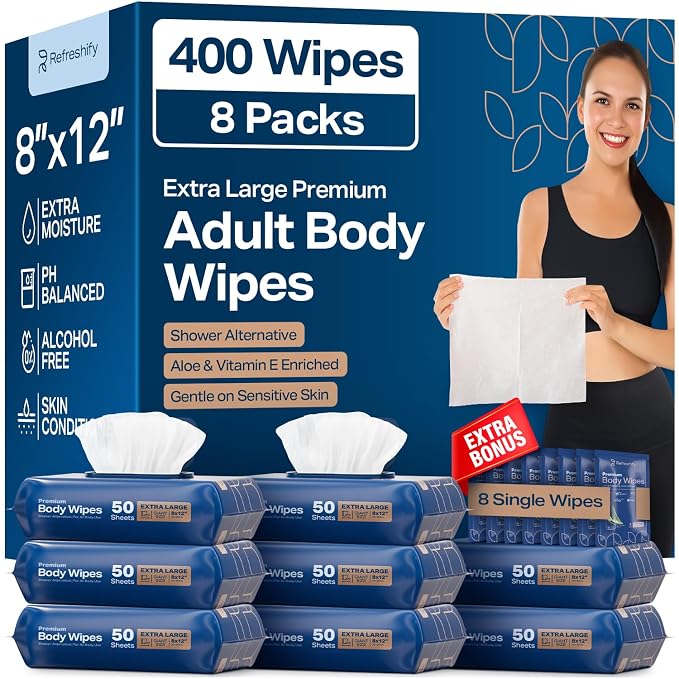 Wet Body Wipes for Adults | Shower Alternative Bathing No Rinse, Large 8” x 12” by AllSettHealth