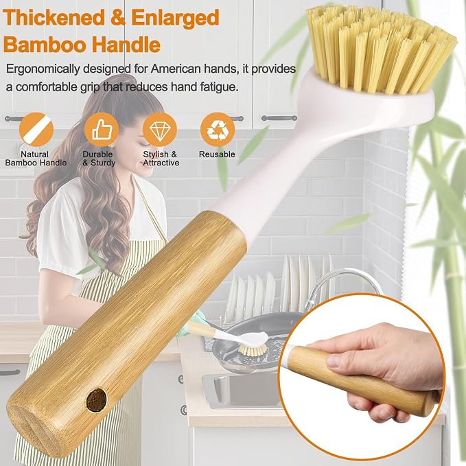 Dish Brush Set with Bamboo Handle, Kitchen Brushes - Image 3