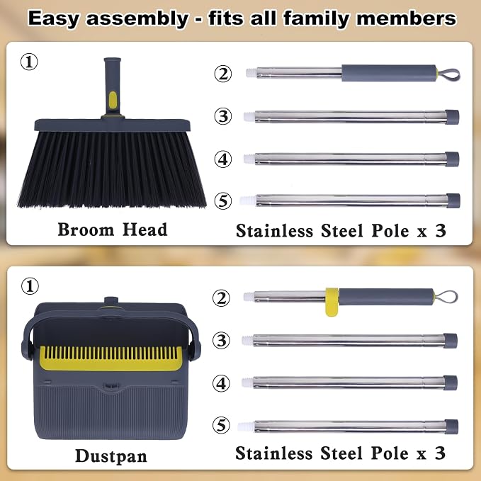 Heavy Duty Broom and Standing Dustpan Combo Set, Rotatable Head Dust Pan and - Image 8