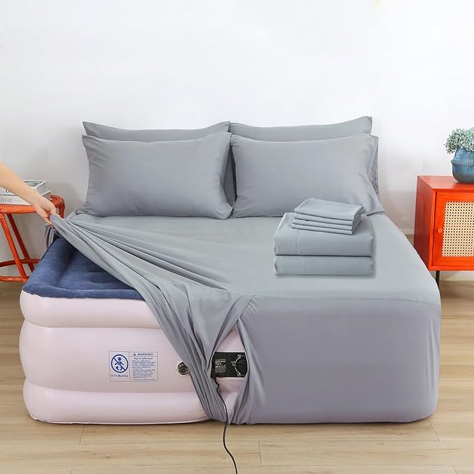 Air Mattress Sheet Set Full Size,6 Piece Deep Pocket Bed Sheet Set for 16-24 Inch Air Bed,Easy Inflate Access,Perfect for Guest Room, RV, Camping,Gray