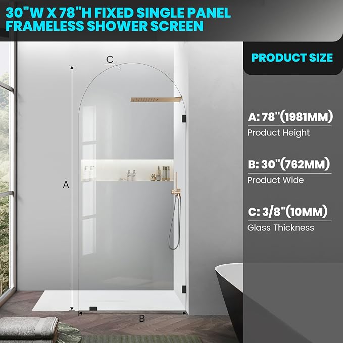 Bathroom Glass Shower Door Panel, 3/8" Thick Clear Tempered Glass Shower Screen - Image 2