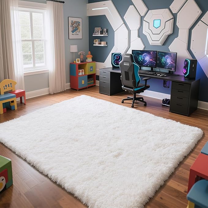 Fluffy Rug Shaggy Area Rug, White 8x10 Area Rugs for Living Room, Large Shag Area Rugs for Bedroom Kids Room Home Decor, Upgrade Anti-Skid Rectangular Fuzzy Rugs