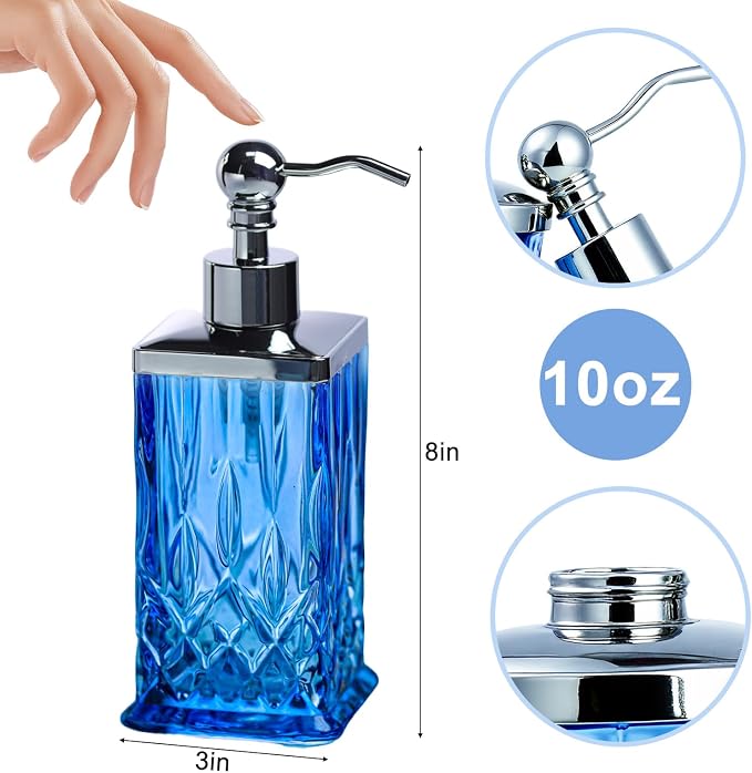 10Oz Diamond Grid Pattern Blue Glass Soap Dispenser - Image 7