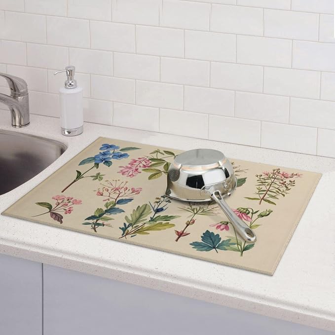 Vintage Plants Herbs Floral Dish Drying Mat Highly Absorbent Double-Sided - Image 3