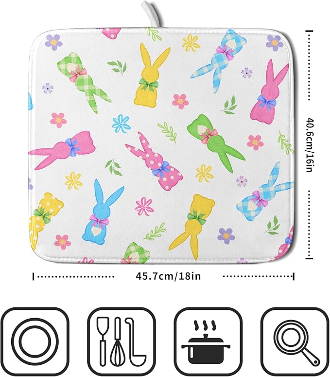 Easter Dish Drying Mat for Kitchen Counter Cute Bunny Floral Holiday Microfiber - Image 2