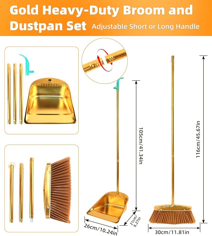 Gold Stainless Steel Broom and Dustpan Set, 2-Piece Long Handle Standing Pan - Image 2