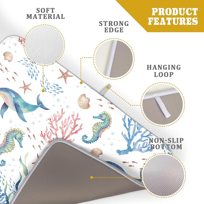 Giwawa Coastal Ocean Dish Drying Mat Seahorse Whales Drainer Rack Mats 18"x24" - Image 4