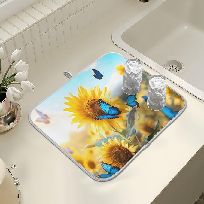 Blooming Sunflowers Blue Butterfly03 Dish Drying Mat - Image 7