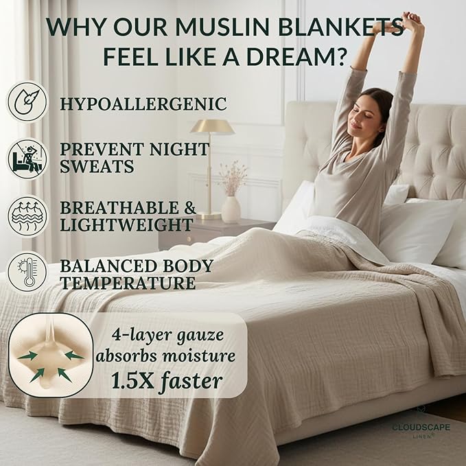 Cloud Scape Linen Oversized 4 Layer Muslin Blanket Queen Size - 100% Cotton, Lightweight & Breathable All Season Gauze, Pre-Washed, fits Full Bed, 92x92, Beige Fog