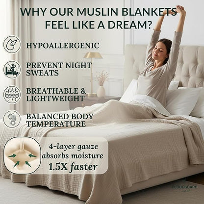Cloud Scape Linen Oversized 4 Layer Muslin Blanket Queen Size - 100% Cotton, Lightweight & Breathable All Season Gauze, Pre-Washed, fits Full Bed, 92x92, Beige Fog