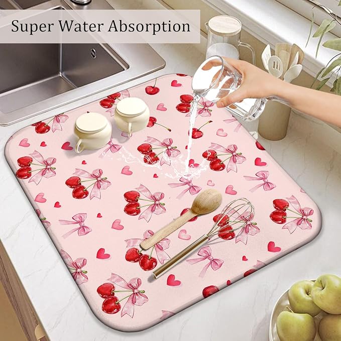 Cherry Dish Drying Mat for Kitchen Counter, Washable Absorbent Kitchen - Image 5