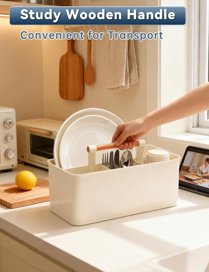 Caddy Organizer with Wooden Handle, Metal Utensil Caddy with 4 Compartments - Image 3