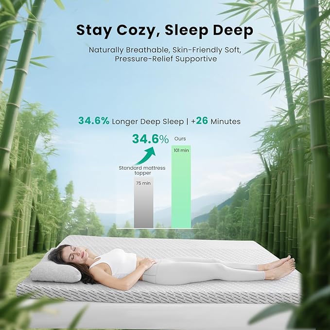 Bamboo Mattress Topper King Size 3 Inch, Cooling Gel & Bamboo Charcoal Memory Foam Mattress Topper for Back Pain Relief, Firm Dual-Layer Foam Bed Pad with Removable Cover