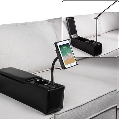 Sofa Armrest with Cup Holder, PU Leather Multifunctional Couch Arm Rest Insert, Removable Couch Caddy with Storage, Equipped with LED Reading Light & Wireless Charge Stand