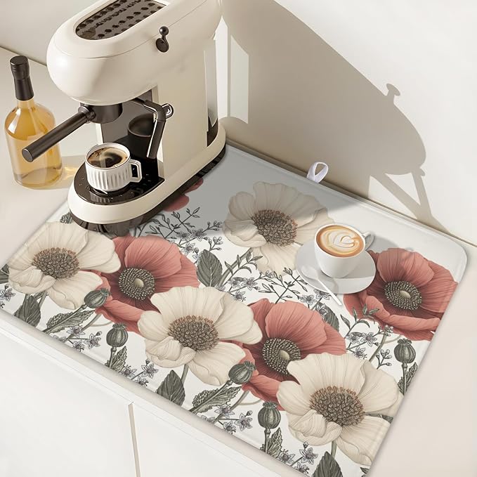 Floral Dish Drying Mat for Kitchen Counter 24x18 Inch Beige Pink Big Flower - Image 6