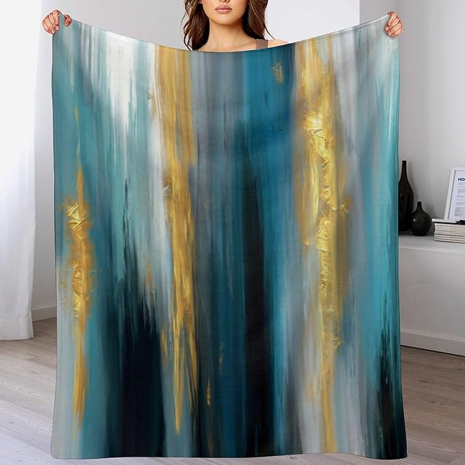 Fashion Gradient Blanket, Modern Abstract Art Gold Lake Blue Painting Strokes Pattern Soft Warm Cozy Plush Flannel Covers for Livingroom Bedroom Couch Chair Camping Travel Home Decor Tapestry 40x50in